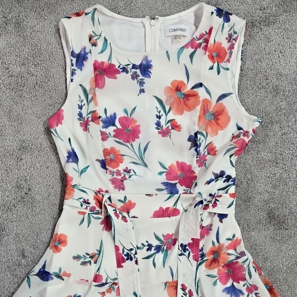 Calvin Klein White Floral Chiffon Belted Midi Dress Romantic Wedding Guest - Picture 3 of 8